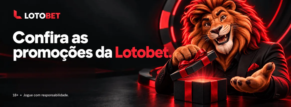 Banner da Lotobet em que o leão mascote abre uma caixa de presente sob a frase «Confira as promoções da Lotobet»