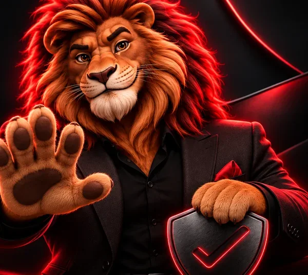 Leão mascote da Lotobet de terno, com a palma da mão erguida e a pata sobre um escudo